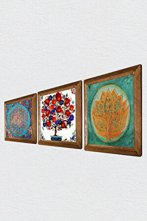 Yaşam Çiçeği, Lotus Çiçeği, Nar Ağacı Taş Duvar Tablosu Ahşap Çerçeveli Duvar Dekoru 3 Parça Tablo Seti Wall Art
