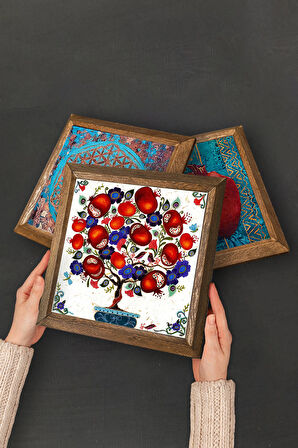 Yaşam Çiçeği, Lotus Çiçeği, Nar Ağacı Taş Duvar Tablosu Ahşap Çerçeveli Duvar Dekoru 3 Parça Tablo Seti Wall Art