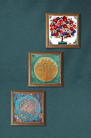 Yaşam Çiçeği, Lotus Çiçeği, Nar Ağacı Taş Duvar Tablosu Ahşap Çerçeveli Duvar Dekoru 3 Parça Tablo Seti Wall Art