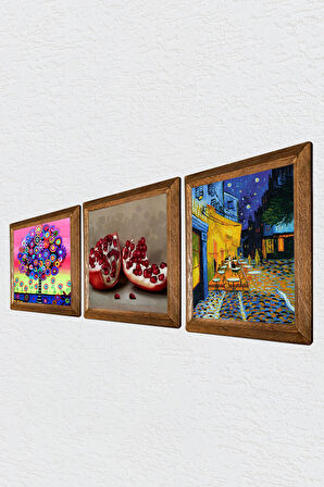Van Gogh Kafe Terasta Gece, Karla Gerard Hayat Ağacı, Nar Taş Duvar Tablosu Ahşap Çerçeveli Duvar Dekoru 3 Parça Tablo Seti Wall Art