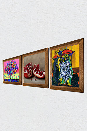 Picasso Ağlayan Kadın, Karla Gerard Hayat Ağacı, Nar Taş Duvar Tablosu Ahşap Çerçeveli Duvar Dekoru 3 Parça Tablo Seti Wall Art
