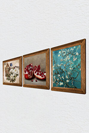 Van Gogh Badem Ağacı, Kelebekli Çiçek, Nar Taş Duvar Tablosu Ahşap Çerçeveli Duvar Dekoru 3 Parça Tablo Seti Wall Art