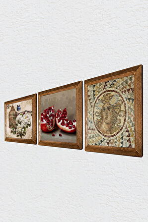 Mozaik Serisi, Kelebekli Çiçek, Nar Taş Duvar Tablosu Ahşap Çerçeveli Duvar Dekoru 3 Parça Tablo Seti Wall Art