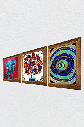 Fil, Nazar, Nar Ağacı Taş Duvar Tablosu Ahşap Çerçeveli Duvar Dekoru 3 Parça Tablo Seti Wall Art