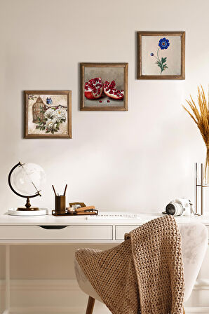 Ebru Sanatı, Kelebekli Çiçek, Nar Taş Duvar Tablosu Ahşap Çerçeveli Duvar Dekoru 3 Parça Tablo Seti Wall Art