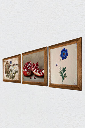 Ebru Sanatı, Kelebekli Çiçek, Nar Taş Duvar Tablosu Ahşap Çerçeveli Duvar Dekoru 3 Parça Tablo Seti Wall Art