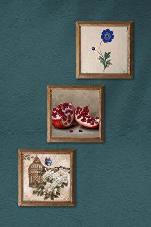 Ebru Sanatı, Kelebekli Çiçek, Nar Taş Duvar Tablosu Ahşap Çerçeveli Duvar Dekoru 3 Parça Tablo Seti Wall Art