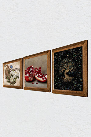Hayat Ağacı, Kelebekli Çiçek, Nar Taş Duvar Tablosu Ahşap Çerçeveli Duvar Dekoru 3 Parça Tablo Seti Wall Art