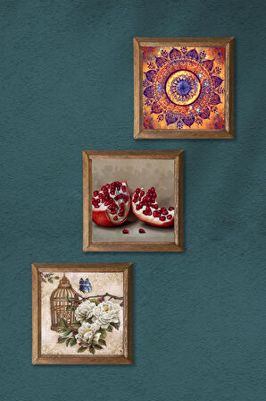 Mandala, Kelebekli Çiçek, Nar Taş Duvar Tablosu Ahşap Çerçeveli Duvar Dekoru 3 Parça Tablo Seti Wall Art