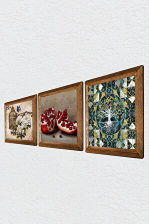 Hayat Ağacı, Kelebekli Çiçek, Nar Taş Duvar Tablosu Ahşap Çerçeveli Duvar Dekoru 3 Parça Tablo Seti Wall Art