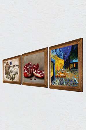 Van Gogh Kafe Terasta Gece, Kelebekli Çiçek, Nar Taş Duvar Tablosu Ahşap Çerçeveli Duvar Dekoru 3 Parça Tablo Seti Wall Art