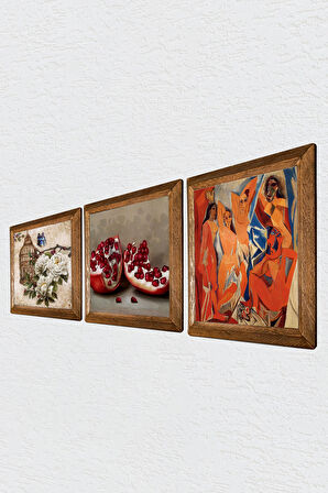 Picasso Avignonlu Kızlar, Kelebekli Çiçek, Nar Taş Duvar Tablosu Ahşap Çerçeveli Duvar Dekoru 3 Parça Tablo Seti Wall Art