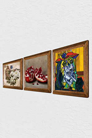 Picasso Ağlayan Kadın, Kelebekli Çiçek, Nar Taş Duvar Tablosu Ahşap Çerçeveli Duvar Dekoru 3 Parça Tablo Seti Wall Art