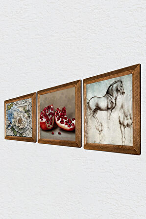 Leonardo da Vinci At Heykeli, Kelebekli Çiçek, Nar Taş Duvar Tablosu Ahşap Çerçeveli Duvar Dekoru 3 Parça Tablo Seti Wall Art