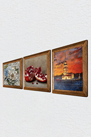 İstanbul Kız Kulesi, Kelebekli Çiçek, Nar Taş Duvar Tablosu Ahşap Çerçeveli Duvar Dekoru 3 Parça Tablo Seti Wall Art