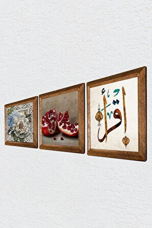 İlk Ayet 'Oku', Kelebekli Çiçek, Nar Taş Duvar Tablosu Ahşap Çerçeveli Duvar Dekoru 3 Parça Tablo Seti Wall Art