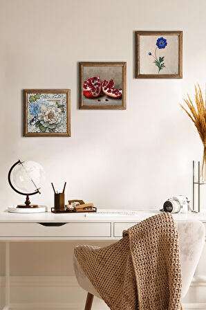 Ebru Sanatı, Kelebekli Çiçek, Nar Taş Duvar Tablosu Ahşap Çerçeveli Duvar Dekoru 3 Parça Tablo Seti Wall Art