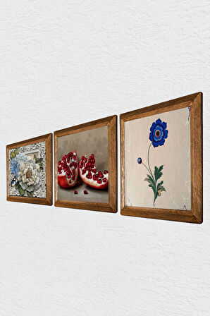 Ebru Sanatı, Kelebekli Çiçek, Nar Taş Duvar Tablosu Ahşap Çerçeveli Duvar Dekoru 3 Parça Tablo Seti Wall Art