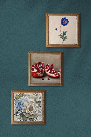 Ebru Sanatı, Kelebekli Çiçek, Nar Taş Duvar Tablosu Ahşap Çerçeveli Duvar Dekoru 3 Parça Tablo Seti Wall Art