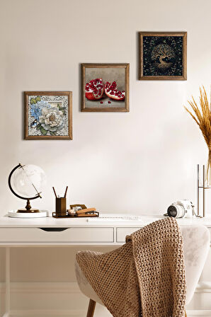 Hayat Ağacı, Kelebekli Çiçek, Nar Taş Duvar Tablosu Ahşap Çerçeveli Duvar Dekoru 3 Parça Tablo Seti Wall Art