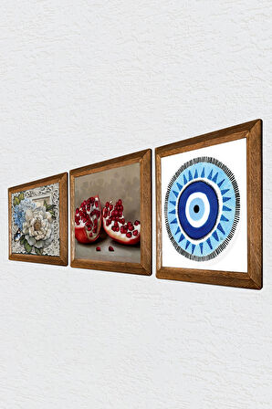 Nazar, Kelebekli Çiçek, Nar Taş Duvar Tablosu Ahşap Çerçeveli Duvar Dekoru 3 Parça Tablo Seti Wall Art