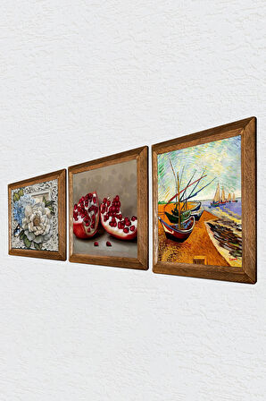 Van Gogh Balıkçı Tekneleri, Kelebekli Çiçek, Nar Taş Duvar Tablosu Ahşap Çerçeveli Duvar Dekoru 3 Parça Tablo Seti Wall Art