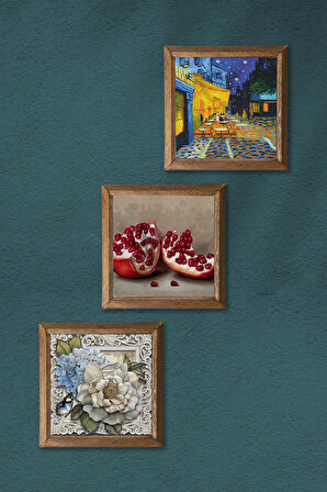 Van Gogh Kafe Terasta Gece, Kelebekli Çiçek, Nar Taş Duvar Tablosu Ahşap Çerçeveli Duvar Dekoru 3 Parça Tablo Seti Wall Art
