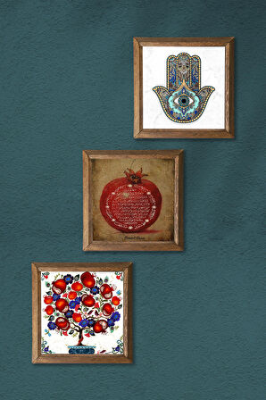 Bereket Duası, Nar Ağacı, Fatma Ana Eli (Hamsa) Taş Duvar Tablosu Ahşap Çerçeveli Duvar Dekoru 3 Parça Tablo Seti Wall Art