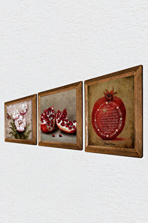 Bereket Duası, Kelebekli Çiçek, Nar Taş Duvar Tablosu Ahşap Çerçeveli Duvar Dekoru 3 Parça Tablo Seti Wall Art
