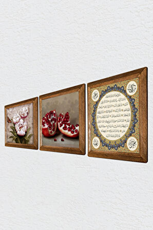 Hilye-i Şerif, Kelebekli Çiçek, Nar Taş Duvar Tablosu Ahşap Çerçeveli Duvar Dekoru 3 Parça Tablo Seti Wall Art