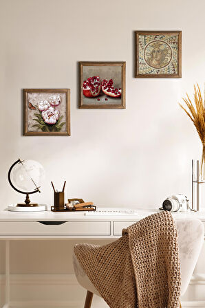 Mozaik Serisi, Kelebekli Çiçek, Nar Taş Duvar Tablosu Ahşap Çerçeveli Duvar Dekoru 3 Parça Tablo Seti Wall Art