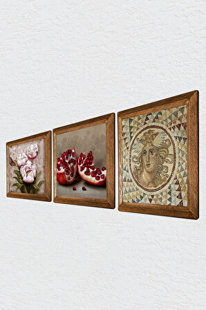 Mozaik Serisi, Kelebekli Çiçek, Nar Taş Duvar Tablosu Ahşap Çerçeveli Duvar Dekoru 3 Parça Tablo Seti Wall Art