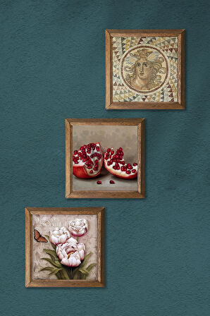 Mozaik Serisi, Kelebekli Çiçek, Nar Taş Duvar Tablosu Ahşap Çerçeveli Duvar Dekoru 3 Parça Tablo Seti Wall Art