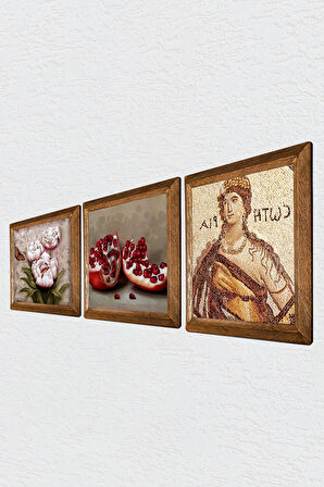 Soteria Mozaiği, Kelebekli Çiçek, Nar Taş Duvar Tablosu Ahşap Çerçeveli Duvar Dekoru 3 Parça Tablo Seti Wall Art