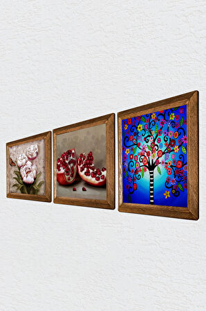 Hayat Ağacı, Kelebekli Çiçek, Nar Taş Duvar Tablosu Ahşap Çerçeveli Duvar Dekoru 3 Parça Tablo Seti Wall Art