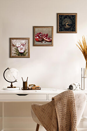 Hayat Ağacı, Kelebekli Çiçek, Nar Taş Duvar Tablosu Ahşap Çerçeveli Duvar Dekoru 3 Parça Tablo Seti Wall Art