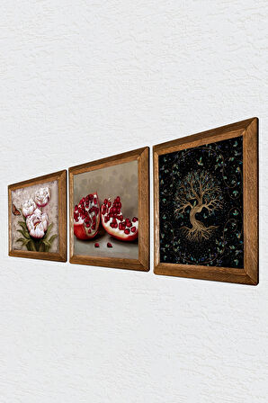 Hayat Ağacı, Kelebekli Çiçek, Nar Taş Duvar Tablosu Ahşap Çerçeveli Duvar Dekoru 3 Parça Tablo Seti Wall Art