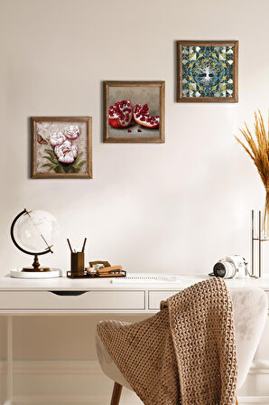 Hayat Ağacı, Kelebekli Çiçek, Nar Taş Duvar Tablosu Ahşap Çerçeveli Duvar Dekoru 3 Parça Tablo Seti Wall Art