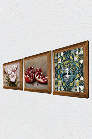 Hayat Ağacı, Kelebekli Çiçek, Nar Taş Duvar Tablosu Ahşap Çerçeveli Duvar Dekoru 3 Parça Tablo Seti Wall Art