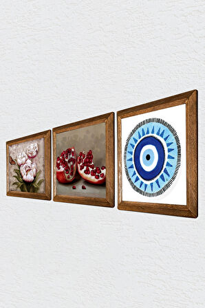 Nazar, Kelebekli Çiçek, Nar Taş Duvar Tablosu Ahşap Çerçeveli Duvar Dekoru 3 Parça Tablo Seti Wall Art