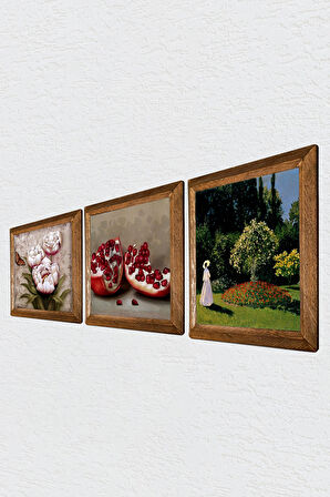 Claude Monet Bahçedeki Kadın, Kelebekli Çiçek, Nar Taş Duvar Tablosu Ahşap Çerçeveli Duvar Dekoru 3 Parça Tablo Seti Wall Art