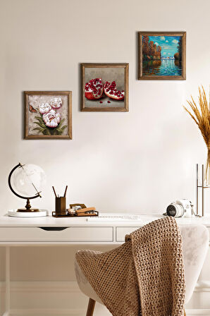 Claude Monet Sonbahar, Kelebekli Çiçek, Nar Taş Duvar Tablosu Ahşap Çerçeveli Duvar Dekoru 3 Parça Tablo Seti Wall Art