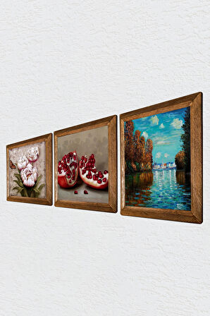 Claude Monet Sonbahar, Kelebekli Çiçek, Nar Taş Duvar Tablosu Ahşap Çerçeveli Duvar Dekoru 3 Parça Tablo Seti Wall Art