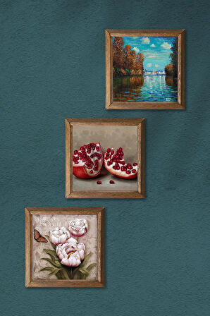 Claude Monet Sonbahar, Kelebekli Çiçek, Nar Taş Duvar Tablosu Ahşap Çerçeveli Duvar Dekoru 3 Parça Tablo Seti Wall Art