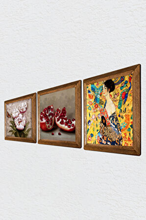 Gustav Klimt Yelpazeli Kadın, Kelebekli Çiçek, Nar Taş Duvar Tablosu Ahşap Çerçeveli Duvar Dekoru 3 Parça Tablo Seti Wall Art