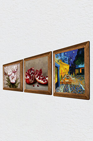 Van Gogh Kafe Terasta Gece, Kelebekli Çiçek, Nar Taş Duvar Tablosu Ahşap Çerçeveli Duvar Dekoru 3 Parça Tablo Seti Wall Art
