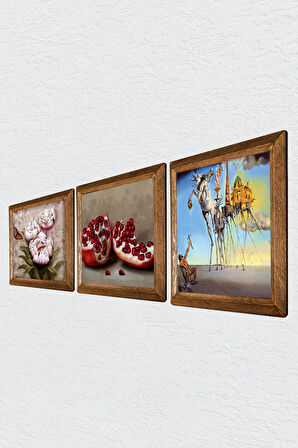 Salvador Dalí, Kelebekli Çiçek, Nar Taş Duvar Tablosu Ahşap Çerçeveli Duvar Dekoru 3 Parça Tablo Seti Wall Art