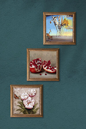 Salvador Dalí, Kelebekli Çiçek, Nar Taş Duvar Tablosu Ahşap Çerçeveli Duvar Dekoru 3 Parça Tablo Seti Wall Art