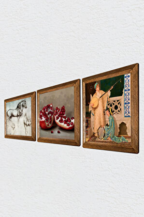 İki Müzisyen Kız, Leonardo da Vinci At Heykeli, Nar Taş Duvar Tablosu Ahşap Çerçeveli Duvar Dekoru 3 Parça Tablo Seti Wall Art