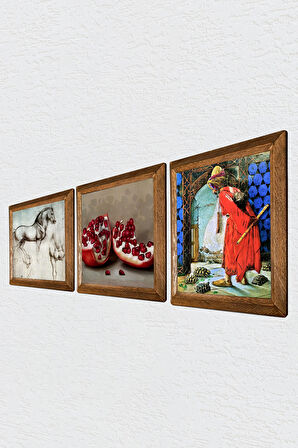 Kaplumbağa Terbiyecisi, Leonardo da Vinci At Heykeli, Nar Taş Duvar Tablosu Ahşap Çerçeveli Duvar Dekoru 3 Parça Tablo Seti Wall Art